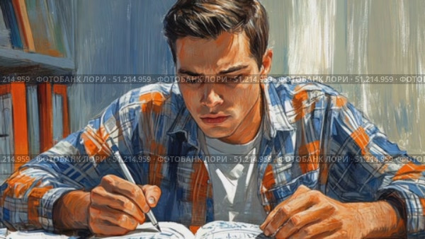 A dedicated student concentrates on his studies in a warm, well-lit space, surrounded by books as he takes notes for exams. Стоковое AI-видео, аниматор Данила Большаков / Фотобанк Лори