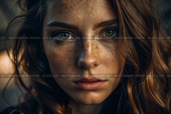 A deep, emotional portrait. The face of a young girl without makeup with expressive eyes and curly brown hair. Natural female beauty. Стоковое AI-изображение, AI-художник Photojuli / Фотобанк Лори