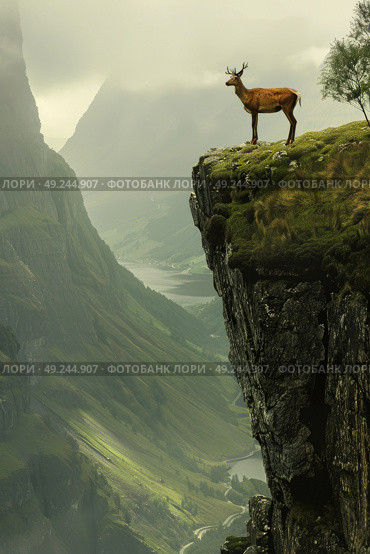 A deer stands on the edge of a cliff, looking out at the landscape below. The deer appears alert and cautious as it navigates the rugged terrain. Стоковое AI-изображение, AI-художник Данила Большаков / Фотобанк Лори