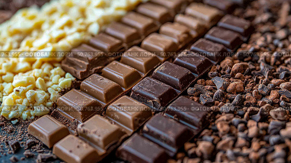 A delectable arrangement of assorted chocolate bars, nibs, and white chocolate pieces. Стоковое AI-изображение, AI-художник Данила Большаков / Фотобанк Лори