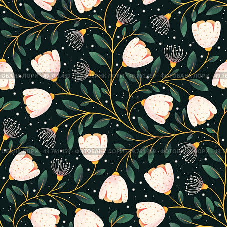 A delicate trailing floral pattern featuring soft white tulips with subtle speckled petals, set against a deep, mysterious background that evokes a tranquil night garden.. Midnight Garden Blooms. Стоковое фото, агентство Ingram Publishing / Фотобанк Лори