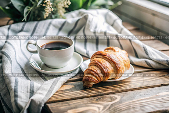 A delicious freshly baked croissant, a white cup of coffee and a cotton napkin on a wooden background. French breakfast. Delicious pastries in close-up. Стоковое AI-изображение, AI-художник Photojuli / Фотобанк Лори