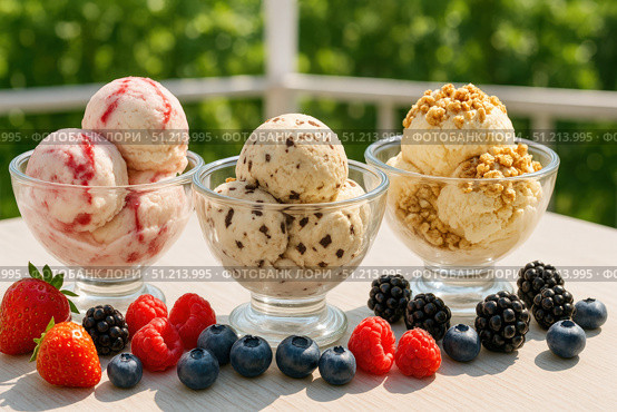 A Delightful Array of Flavorful Ice Cream Scoops Served in Elegant Bowls, Accompanied by Fresh Berries and Fruits for a Refreshing Treat. Стоковое AI-изображение, AI-художник Башкирова Анна / Фотобанк Лори