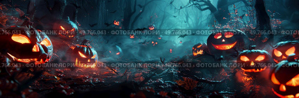 A dense forest landscape filled with numerous jack olanterns placed on the ground, creating a spooky and festive atmosphere.. Forest Filled With Jack OLanterns. Стоковое фото, агентство Ingram Publishing / Фотобанк Лори
