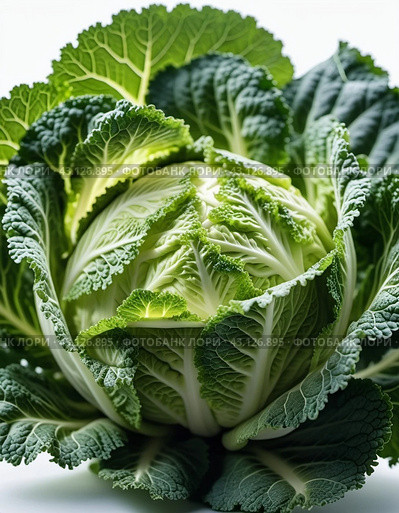 A detailed close-up of a fresh savoy cabbage shows the intricate patterns of its leaves, veined textures. Savoy cabbage Brassica oleracea L convar capitata var sabauda is vegetable crop. Generated AI. Стоковое AI-изображение, AI-художник Юлия Петровская / Фотобанк Лори