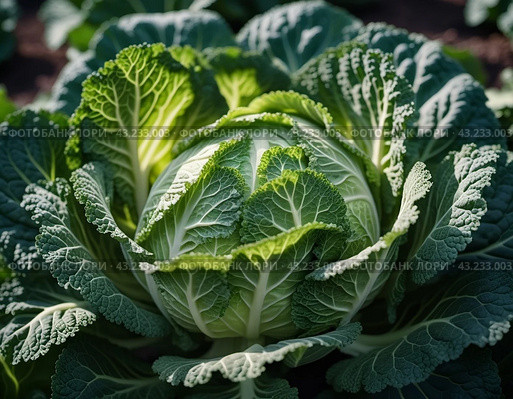 A detailed close-up of a fresh savoy cabbage shows the intricate patterns of its leaves, veined textures. Savoy cabbage Brassica oleracea L convar capitata var sabauda is vegetable crop. Generated AI. Стоковое AI-изображение, AI-художник Юлия Петровская / Фотобанк Лори