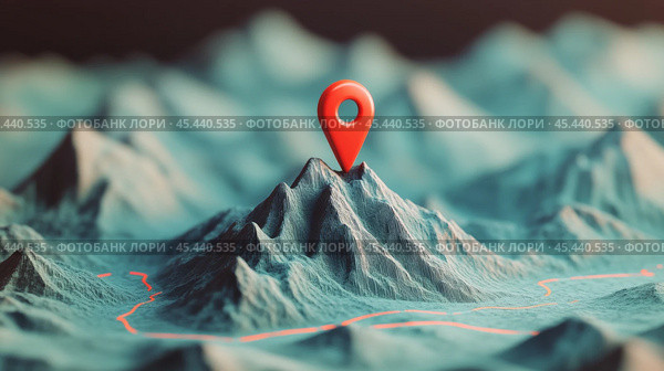 A detailed map with a prominent location marker set against a textured mountain landscape. Стоковое AI-изображение, AI-художник Юлия Гапеенко / Фотобанк Лори