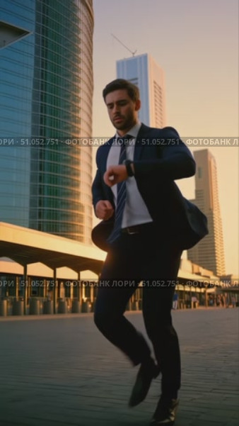 A Determined Businessman Running Against the Backdrop of a City Skyline at Sunset, Showcasing Urgency and Ambition in a Professional Setting. Стоковое AI-видео, аниматор Владимир Федоров / Фотобанк Лори