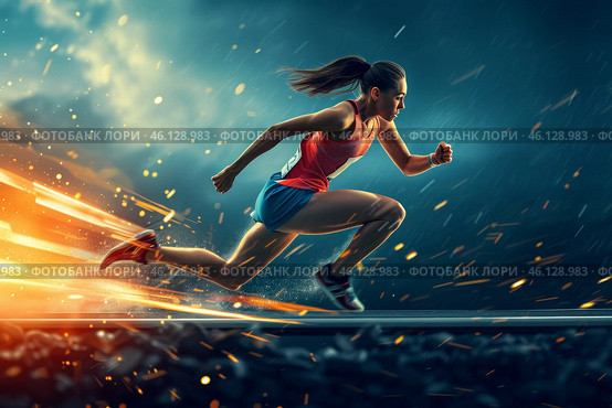 A determined female athlete sprinting on a track, showcasing speed and power amidst a dramatic, dynamic backdrop in the evening. Стоковое AI-изображение, AI-художник Sergey Grishin / Фотобанк Лори