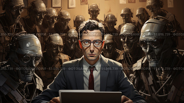 A digital illustration in the genre of science fiction: a man in glasses and a business suit sits in front of a laptop, surrounded by an army of humanoid robots. The scene conveys tension, loneliness and a symbolic conflict between man and machines. Bright lighting highlights the man's face, emphasizing his anxiety and isolation. Excellent visual material for topics related to AI, cybersecurity, future technologies, philosophy and ethics of artificial intelligence. Стоковое AI-изображение, AI-художник Анна Кривицкая / Фотобанк Лори
