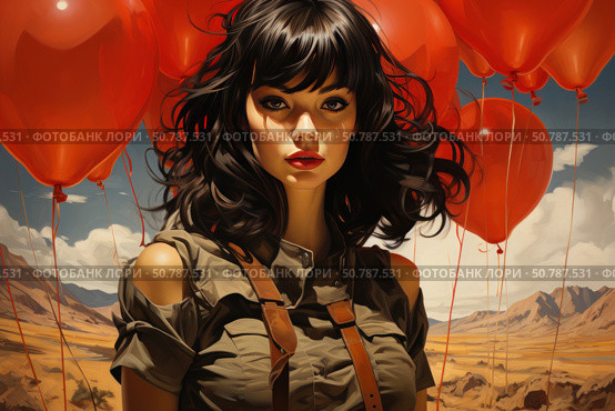 A digital illustration of a young woman with dark wavy hair standing in front of a desert landscape with bright red hot air balloons. Her piercing gaze and casual attire — off-the-shoulder shirt and belts — create the image of a strong, independent heroine in an adventure style. The contrast between the rich red of the balloons and the muted tones of the desert adds drama and visual depth to the image. Стоковое AI-изображение, AI-художник Анна Кривицкая / Фотобанк Лори