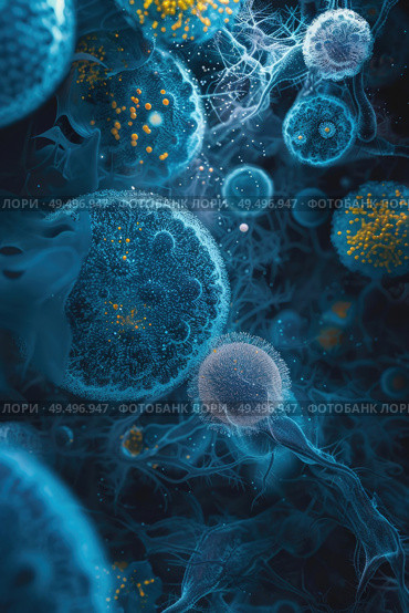 A digital visualization of neural cells with intricate synaptic connections and signaling pathways. Стоковое AI-изображение, AI-художник Данила Большаков / Фотобанк Лори