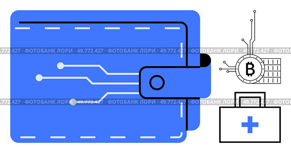 A digital wallet in blue representing online transactions. Connected circuitry leads to a Bitcoin symbol indicating cryptocurrency. A healthcare symbol on a briefcase suggests secure personal data. Digital Wallet with Bitcoin and Healthcare Symbols Combining Finance and Technology. Стоковая иллюстрация, агентство Ingram Publishing / Фотобанк Лори