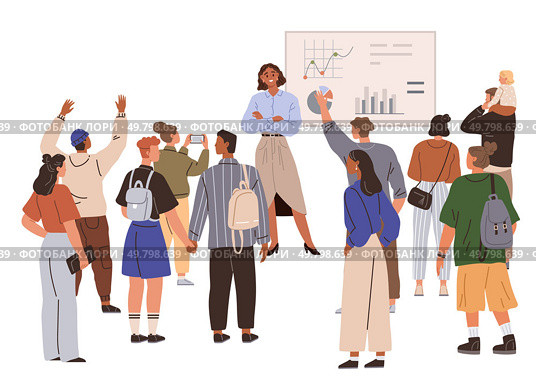 A diverse group gathers around a presenter who explains information on a chart. Various attendees hold backpacks or a child. Ideal for business, teamwork, education, leadership, diversity. Modern. Meeting with Diverse Group Observing Presentation with Charts and Graphs in Casual Setting. Стоковая иллюстрация, агентство Ingram Publishing / Фотобанк Лори