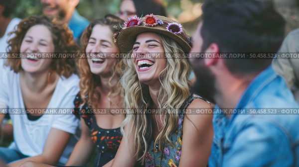 A diverse group of individuals sitting closely together, engaging in conversation and interaction, blending different personalities and backgrounds. Стоковое AI-изображение, AI-художник Данила Большаков / Фотобанк Лори