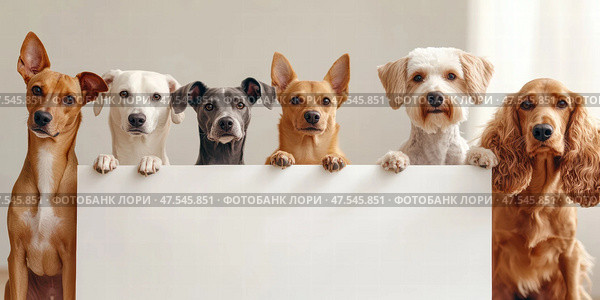 A diverse pack featuring a greyhound and shiba inu stands proudly. Each dog displays unique features, highlighting the beauty and diversity of canine breeds. Стоковое AI-изображение, AI-художник Nart / Фотобанк Лори