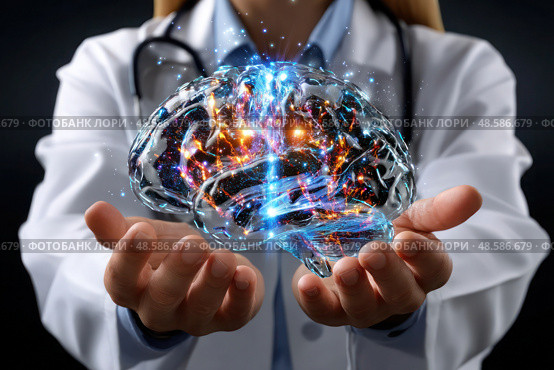 A doctor is holding a brain in his hands. Стоковое AI-изображение, AI-художник Ярославский Максим / Фотобанк Лори