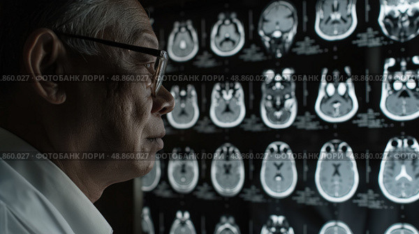 A doctor wearing glasses examines a wall of brain scans, likely looking for abnormalities or patterns. Стоковое AI-изображение, AI-художник Данила Большаков / Фотобанк Лори
