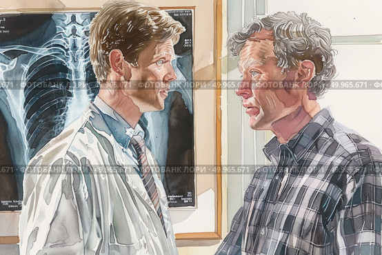 A doctor with an X-ray in the background talks to a male patient, conveying medical findings. Стоковое AI-изображение, AI-художник Данила Большаков / Фотобанк Лори