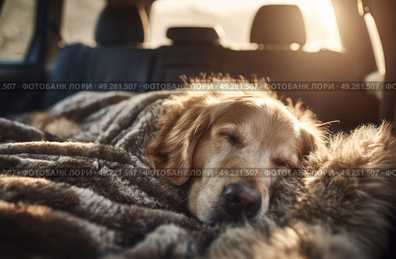 A dog is sleeping in a car with a blanket. Стоковое AI-изображение, AI-художник Ярославский Максим / Фотобанк Лори