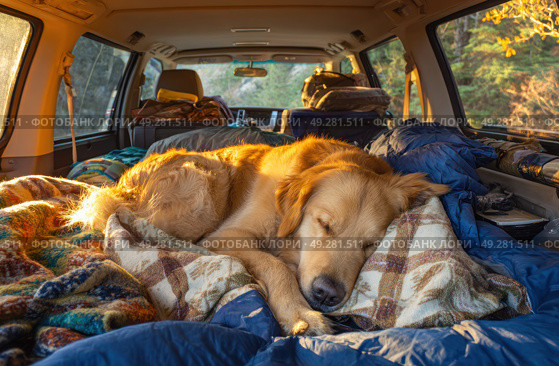 A dog is sleeping on a bed in a car. Стоковое AI-изображение, AI-художник Ярославский Максим / Фотобанк Лори