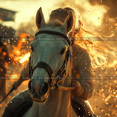 A dramatic scene of a woman riding a white horse, racing through fire and sparks. Her long blonde hair flutters in the wind, illuminated by the flames and sunset light. The frame is dynamic, powerful, determined and chaotic. The background is filled with heat, flashes of fire and clouds of smoke, creating a cinematic effect. Ideal for adventure, fantasy, historical battles, female power, heroism and epic stories. Стоковое AI-изображение, AI-художник Анна Кривицкая / Фотобанк Лори
