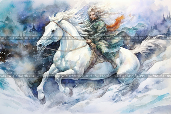 A dramatic watercolor illustration of a rider on a white stallion racing through a winter storm. The man with flowing white hair wears a long green cloak that flutters in the wind, creating a sense of rapid movement. In the background are a snowy forest, a night sky and snowflakes sparkling in the air. The atmosphere of the painting is filled with a sense of legend, myth or epic tale, as if the hero is in a hurry to fulfill an important mission or escape from fate. Стоковое AI-изображение, AI-художник Анна Кривицкая / Фотобанк Лори