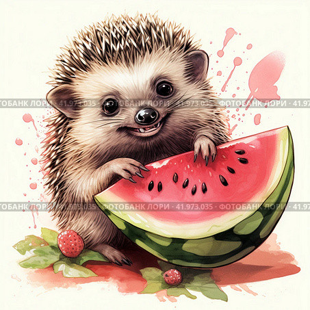 A drawing of a cute hedgehog eating a slice of watermelon,Generative AI. Стоковое AI-изображение, AI-художник Анна Кривицкая / Фотобанк Лори