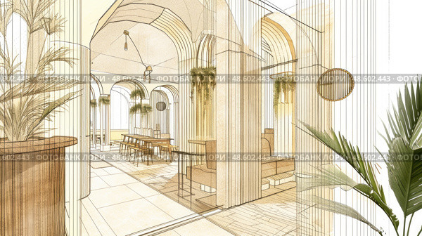 A drawing of a hallway with a prominent clock hanging on the wall, casting shadows across the floor. Стоковое AI-изображение, AI-художник Данила Большаков / Фотобанк Лори