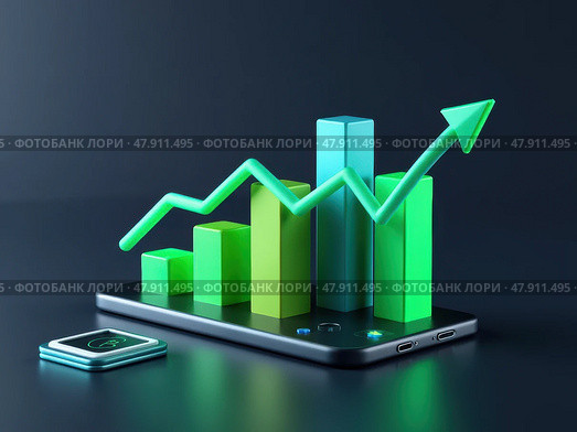 A dynamic 3D graph chart icon with rising bars in emerald green, floating above a dark interface, symbolizing business growth. Стоковое AI-изображение, AI-художник Sergey Grishin / Фотобанк Лори