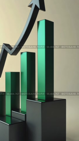 A dynamic 3D graph chart icon with rising bars in emerald green, floating above a dark interface, symbolizing business growth. Стоковое AI-видео, аниматор Sergey Grishin / Фотобанк Лори
