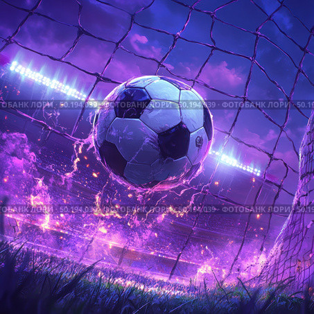 A dynamic digital image of a soccer ball flying into the goal net against the backdrop of a night stadium. The ball is surrounded by spectacular flashes and a purple electric glow, creating an atmosphere of intensity, drive and sporting power. The stadium is flooded with spotlights, and the energy of victory is felt in the air. The illustration is made in a neon fantasy style and is ideal for the design of sports events, advertisements, covers, posters and gaming content. Стоковое AI-изображение, AI-художник Анна Кривицкая / Фотобанк Лори