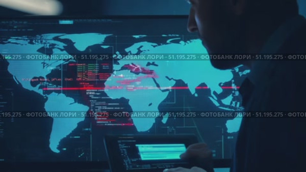 A dynamic digital interface displays a world map, highlighting network data and real-time updates relevant to international data transfers and analytics. Стоковое AI-видео, аниматор Данила Большаков / Фотобанк Лори