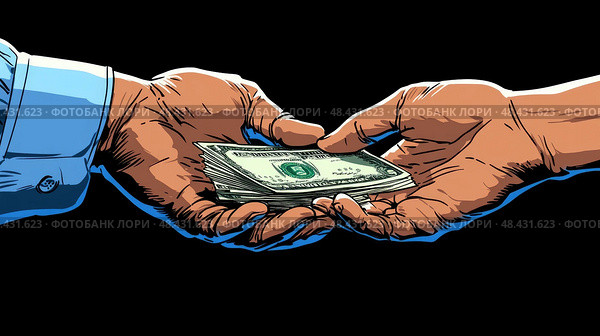 A dynamic illustration depicts two hands engaged in a cash exchange, representing business dealings and financial transactions. Стоковое AI-изображение, AI-художник Данила Большаков / Фотобанк Лори