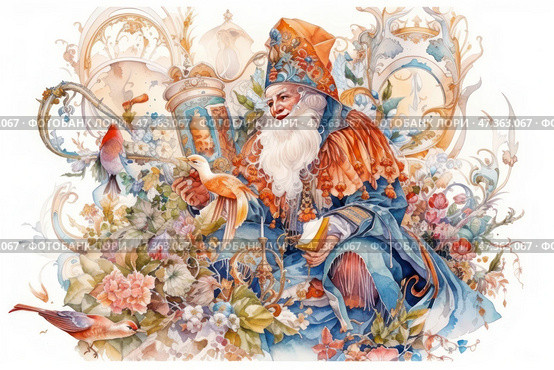 A fairy-tale old man in bright, elegant attire, made in blue and orange tones. He is dressed in a long cloak, embroidered with ornaments, and a high headdress with tassels. He has a long white beard and a benevolent expression. Around him are lush flowers, vines, bright birds, architectural elements and decorative patterns in the Art Nouveau style. In his hand he holds a staff and an open book, like a sage or wizard communicating with nature and passing on knowledge. The atmosphere is magical, good-natured and cozy, like in an old Russian fairy tale. Стоковое AI-изображение, AI-художник Анна Кривицкая / Фотобанк Лори