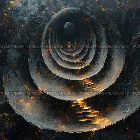 A fantastic abstract illustration depicts an endless spiral leading up or down, like a tunnel or a staircase to another reality. Dark rocky textures contrast with bright gold and orange veins, creating a sense of energy, movement and mystery. The image is filled with metaphysical meaning and can be associated with travel, dreaming or a philosophical search for truth. Стоковое AI-изображение, AI-художник Анна Кривицкая / Фотобанк Лори