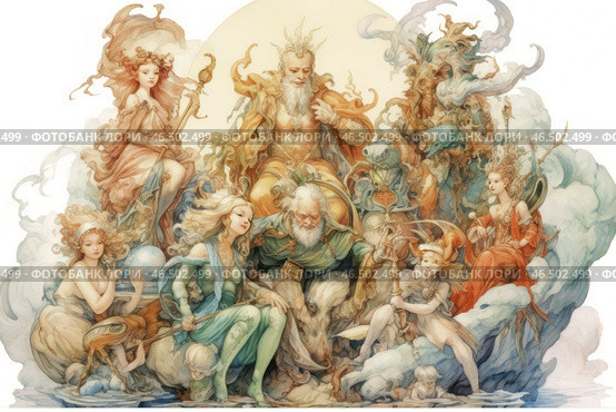 A fantastic composition with mythological characters, executed in the style of delicate watercolors. In the center is a powerful figure of an elderly man with a trident, reminiscent of the god of the seas, surrounded by beautiful creatures that can be water spirits, nymphs or goddesses. The images are rich in details - decorated armor, ephemeral clothes, ornaments, curls of clouds and sea waves. The colors are soft, pastel, creating a sense of a mystical fairy tale. Стоковое AI-изображение, AI-художник Анна Кривицкая / Фотобанк Лори