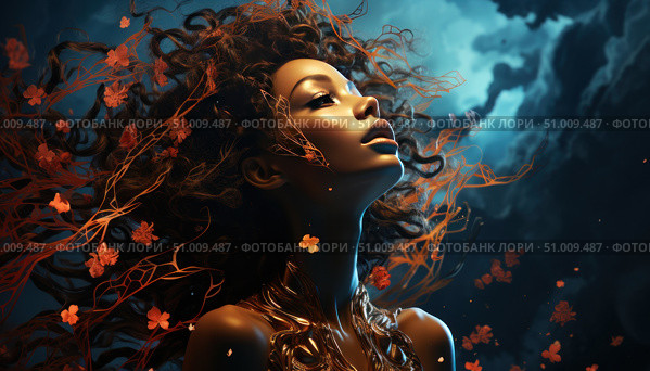 A fantastic digital portrait of a young woman in the image of a goddess or elemental. Her face is directed upwards, illuminated by a soft glow, and her thick curly hair is intertwined with orange branches and flowers, as if part of nature. The dark blue background with dramatic clouds creates a feeling of space or a magical world. The image is imbued with dynamics, beauty and symbolism. Perfect for fantasy, divinity, power of nature, mysticism and digital art themes. Стоковое AI-изображение, AI-художник Анна Кривицкая / Фотобанк Лори
