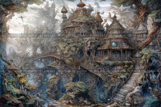 A fantastic illustration of a magical city built among ancient trees and roots. Architecture meets nature: houses, bridges and towers intertwine with branches, foliage and rocks, creating a single living space. An atmosphere of mystery and magic, with elements of steampunk, fantasy and the forest world. Perfect for book covers, games, movies, posters or concept art. The illustration evokes associations with elven cities, fairy tales and myths. Стоковое AI-изображение, AI-художник Анна Кривицкая / Фотобанк Лори