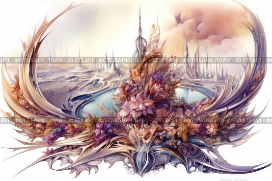 A fantastic landscape in the style of surrealism and art nouveau. Architectural spires and smooth futuristic forms of the city are combined with a lush floral composition in the center of the image. The illustration is made in pastel colors - a fusion of nature and high technology, organics and engineering. Perfect for book covers, fantasy projects, music album design, and also as an art object in the interior. Стоковое AI-изображение, AI-художник Анна Кривицкая / Фотобанк Лори