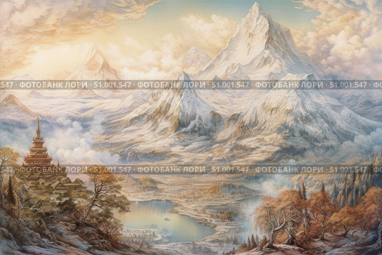 A fantastic mountain landscape, made in pastel and watercolor tones. In the foreground there is a fairy-tale temple with oriental architecture, located on a hillside. Behind it there is a valley with a lake, surrounded by majestic snow-capped mountains, disappearing into the clouds. The illustration creates a feeling of peace, the grandeur of nature and a mythical atmosphere. Ideal for decorating fantasy books, games, calendars and decor. Стоковое AI-изображение, AI-художник Анна Кривицкая / Фотобанк Лори
