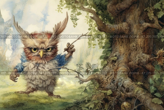 A fantastic owl-like character with a sullen and determined expression. It looks like a cross between an owl and a small animal, with fluffy, ruffled fur and feathers. It has bright yellow eyes, a sharp beak and expressive ears sticking up. The creature holds a small twig in its paw, as if ready to use it as a magic wand or weapon.The background of the image is a magical forest with a mighty ancient tree, the roots of which are intertwined, creating a mysterious atmosphere. In the dense foliage and shadows, you can see small creatures or magical elements. Light breaks through the foliage, creating a sense of mystery and adventure.The illustration is done in a fairy-tale style with elements of watercolor painting and detailed texture. All this creates the feeling that the image is part of a story about magical creatures and an ancient world. Стоковое AI-изображение, AI-художник Анна Кривицкая / Фотобанк Лори
