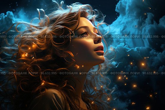 A fantastic portrait of a young woman looking up with an expression of admiration and hope. Her curly hair shines in the darkness, shrouded in soft lights, like fireflies, against the background of thick night clouds. The atmosphere of the image is filled with magic, inspiration and a sense of touching something great and cosmic. Perfect for themes of dreams, fantasy, inspiration, inner strength and finding light in the dark. Стоковое AI-изображение, AI-художник Анна Кривицкая / Фотобанк Лори