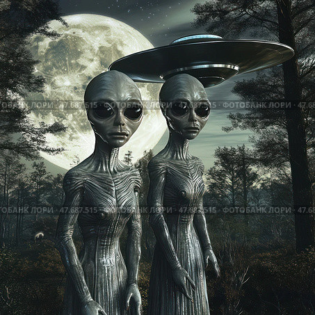 A fantastic scene with two grey aliens standing in a dark forest against the backdrop of a bright full moon and a UFO hovering in the air. The image is made in high quality, creating an atmosphere of mystery, science fiction and an encounter with extraterrestrial intelligence. Night trees, starlight and mysterious lighting emphasize the feeling of cosmic intrigue and the unknown. Стоковое AI-изображение, AI-художник Анна Кривицкая / Фотобанк Лори