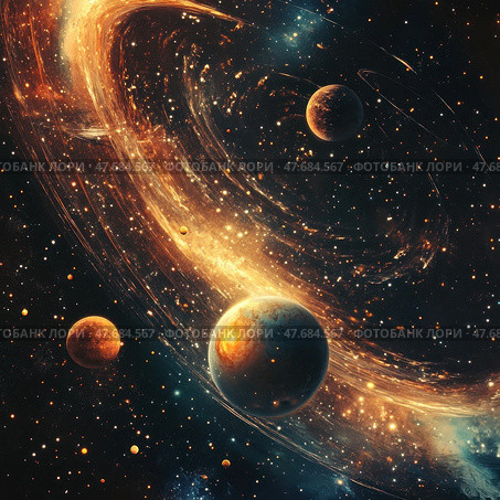 A fantastic space image with multiple planets, bright stars and golden streams of light forming spectacular spirals. The composition is reminiscent of an epic scene from science fiction, which shows the dynamics of galactic bodies in outer space. The depth, brightness and richness of details create the impression of movement, infinity and grandeur of the Universe. Ideal for themes related to space, astronomy, sci-fi, scientific visualization and digital art. Стоковое AI-изображение, AI-художник Анна Кривицкая / Фотобанк Лори