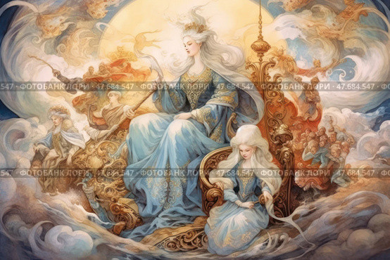 A fantastic watercolor illustration in the spirit of an oriental or Persian fairy tale, depicting a majestic queen on a throne surrounded by fairy-tale characters. Female figures in luxurious blue dresses with long blond hair look like goddesses or sorceresses. Their images are permeated with light, grace and nobility. The background is clouds, sunshine and heroic scenes - like scenes from an ancient epic or legend. Richly decorated details of the throne and clothing emphasize the atmosphere of mythology and grandeur. Стоковое AI-изображение, AI-художник Анна Кривицкая / Фотобанк Лори