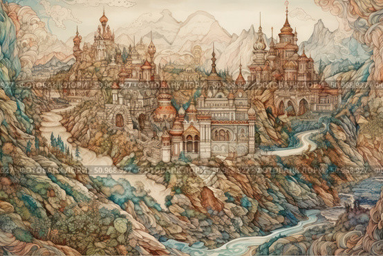 A fantasy fairy-tale city in the mountains, made in watercolor technique. Architecture with elements of Slavic and Eastern architecture: domes, towers, arches and carved facades. A mountain river meanders among the rocks, taking the gaze deep into the mysterious landscape. Subtle drawings and soft colors create the atmosphere of an ancient fairy tale or legend. Suitable for decorating books, games, tabletop maps, covers, posters and creative projects. Стоковое AI-изображение, AI-художник Анна Кривицкая / Фотобанк Лори