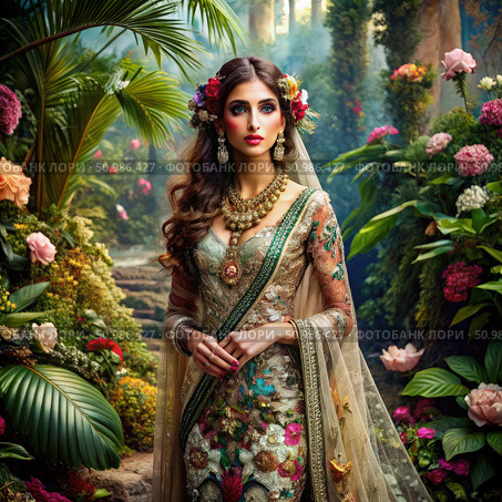 A Fantasy Queen in a Floral Sari Stands in a Lush Garden. Generative AI. Стоковое AI-изображение, AI-художник Roman Zavorotny / Фотобанк Лори