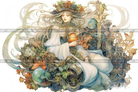 A fantasy-style girl surrounded by rich ornamentation and elements of nature. Her long, fair hair flows as if a light wind is blowing it, and intertwines with branches and leaves. The girl is dressed in an exquisite white and blue dress with gold decorations, emphasizing her sophistication. In her hands, she holds a golden ball, symbolizing, perhaps, some magical artifact or the sun. Around her are ornate elements: leaves, vines, flowers and glass spheres, giving the image an abundance of detail and depth. The atmosphere of the painting is filled with peace and fairy-tale magic. The background is done in light colors, creating an airy and light feeling. Стоковое AI-изображение, AI-художник Анна Кривицкая / Фотобанк Лори