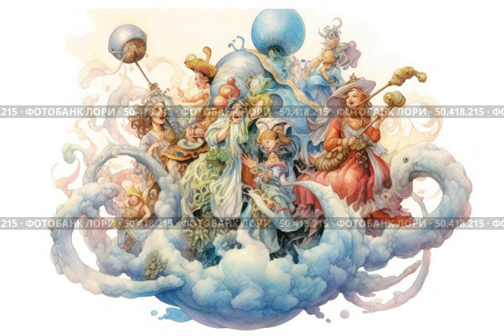 A fantasy watercolor illustration depicting a group of magical female characters in lush historical costumes, floating on clouds among bizarre creatures and balloons. The painting is filled with dynamics, bright details and the atmosphere of a fairy tale adventure. The color scheme includes pastel and saturated tones, emphasizing magic, joy and creative imagination. Ideal for children's books, fantasy projects, theater and creative content. Стоковое AI-изображение, AI-художник Анна Кривицкая / Фотобанк Лори